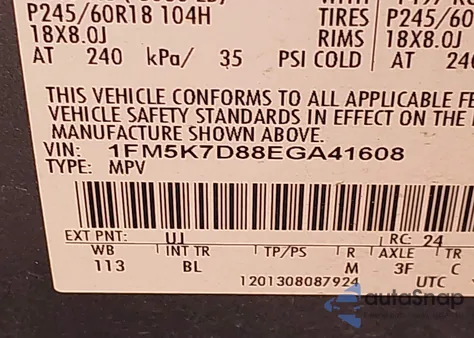 2014 Ford Explorer Xlt из США, поврежденный, VIN 1FM5K7D88EGA41608